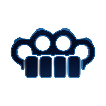 Blue neon icon of metallic knuckle dusters for self defense and security concepts in a modern minimalist isolated on a transparent background
