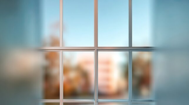 Modern window frame showcasing blurred urban landscape, representing perspective and architectural design concept