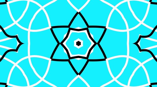 Cyan abstract mandala pattern with black star center and white line geometry.