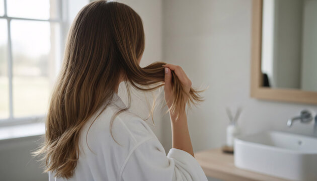 Woman examining split ends of her damaged hair in bathroom mirror, haircare routine concept