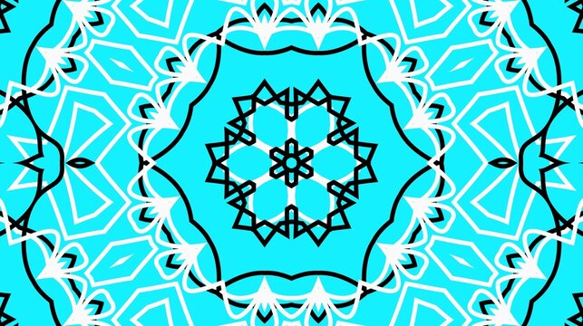 Abstract cyan kaleidoscope pattern with intricate black star emblem for background design.