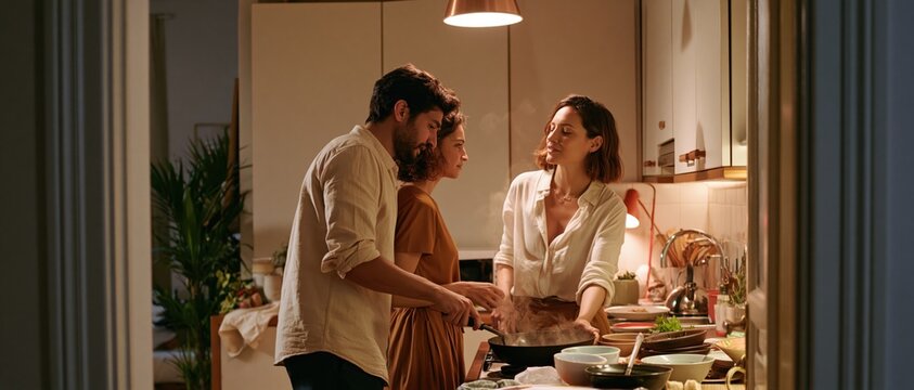 Young flatmates cooking together in small shared kitchen late evening