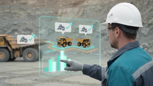 Mining engineer analyzes digital interface with data, charts and tracking icons to monitor truck logistics, extraction efficiency and quarry production in real time.