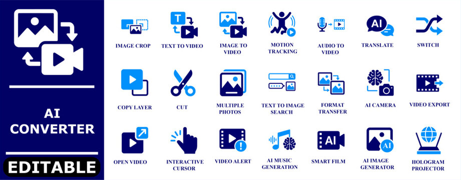 AI converter icon set. image crop, text video, image video, motion tracking, audio video, translate, video export, smart film, image generator, video generator and more editable vector illustration.