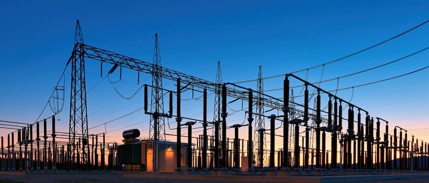 Electrical substation at dusk with rows of insulators and transmission towers against twilight sky