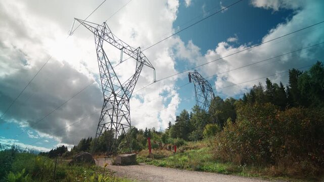 Steel electricity pylons tower over a gravel path beside dense greenery as clouds drift across a bright sky, useful for energy, infrastructure or environmental themes.