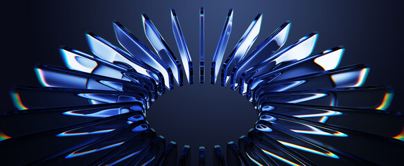 Fototapeta na wymiar Radial glass circle lines pattern in perspective. Graphic circular array of transparent blue plates with dispersion effect. Abstract glow neon light crystal ring on dark 3d background. 3D illustration