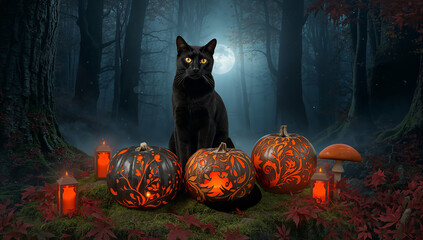 Fototapeta premium Black cat sitting among glowing carved jack o lantern pumpkins in enchanted dark forest at night with halloween mystical woodland mysterious seasonal decoration celebration atmosphere creature