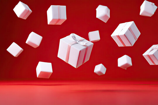 Gift white boxes are flying in the air against a red background.