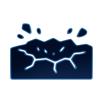 Abstract blue neon icon of a cracked ground surface with floating debris particles, modern digital for projects isolated on a transparent background