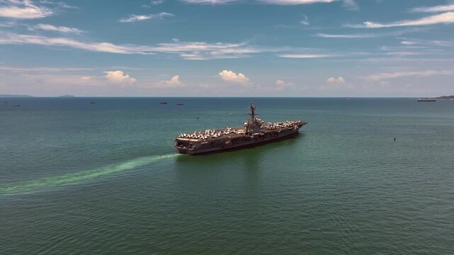 Aerial view nuclear powered aircraft carrier, USA navy ship carrier airplane fighter jet aircraft army navy nuclear ship carrier full fighter jet aircraft technology of battleship.