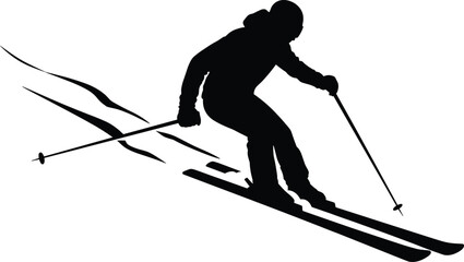 Fototapeta premium Skier Silhouette Downhill Skiing Action Pose Winter Sport Black Vector Illustration
