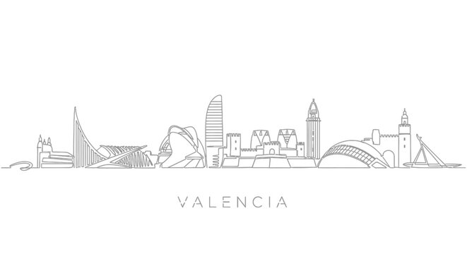 Valencia Spain Cityline Outline Drawing for Travel and Culture