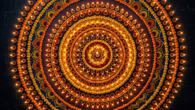 Intricate circular mandala pattern made with colorful flower petals and lit clay generated using ai