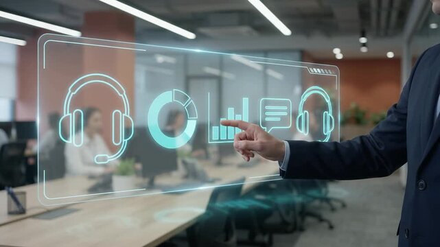 Customer support technology with digital interface displaying analytics, statistics and communication icons. Businessman touching interactive screen for data management and network solutions in office