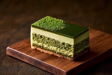 Rectangular portion of matcha cake as an elegant dessert concept. © Susana