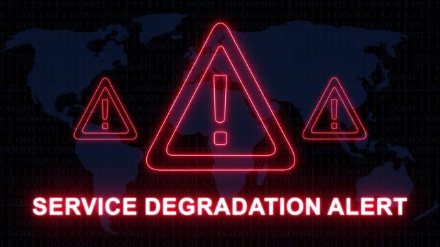 Urgent service degradation alert notification with glowing red warning triangles and digital map background, for cybersecurity, network, outage, system failure, and global it, infrastructure crisis