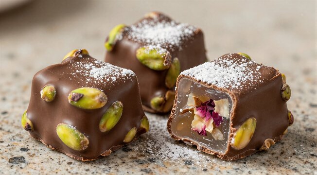 Pistachio studded chocolate bonbons with floral filling closeup