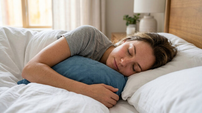 Woman sleeping soundly in bed, peaceful slumber with pillow under head