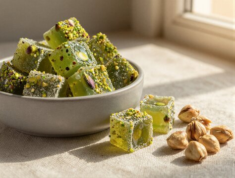 Pistachio jelly cubes served in ceramic bowl by window