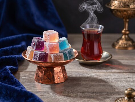 Colorful turkish delight cubes served with steaming tea on copper