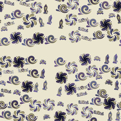 Seamless pattern of abstract swirling shapes and floral motifs © azkia
