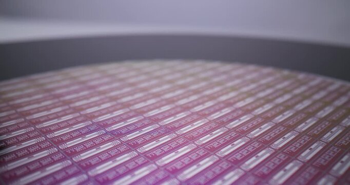 Slow motion rotating semiconductor wafer with microchips on production table in cleanroom manufacturing facility, probe view.