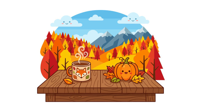 Cozy wooden table with pumpkin and fox mug