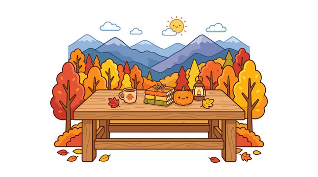 Autumn picnic table with fall snacks and mountain view