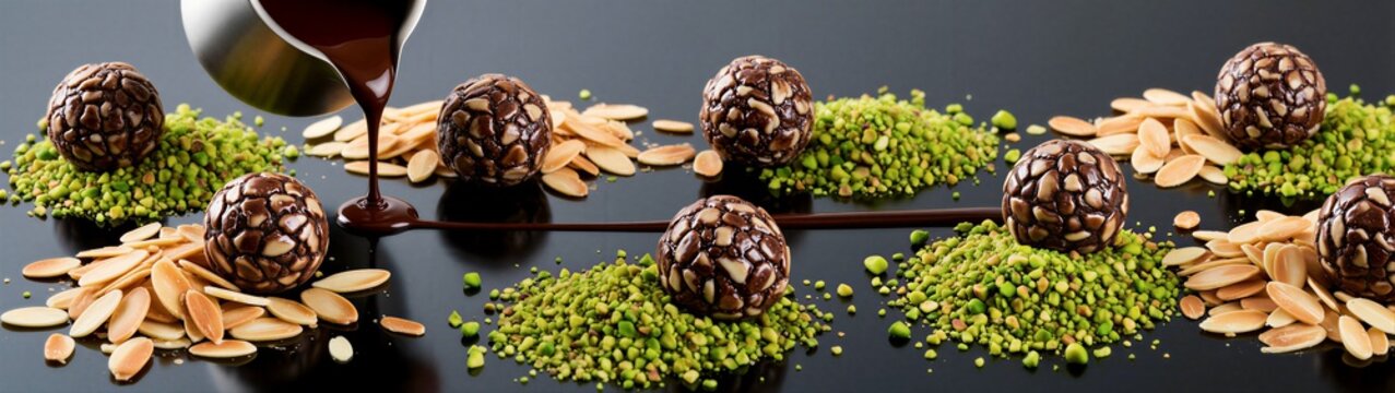 Chocolate truffles being drizzled with sauce on nut beds