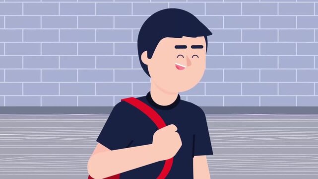 Happy student with red backpack walking forward in colorful cartoon animation footage representing academic lifestyle and daily campus youth routines