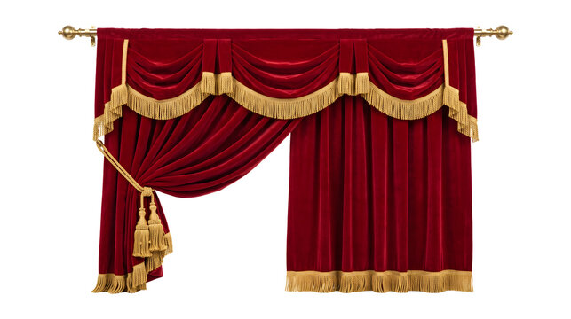 Luxury red velvet theater curtains with gold fringe and tassels on brass rod, stage reveal isolated on transparent background