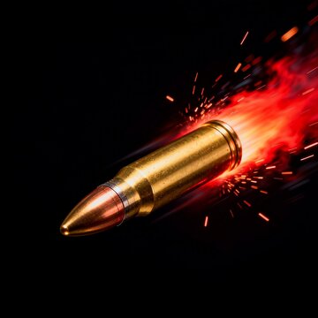 Flying Bullet with Muzzle Flash and Sparks Against Black Background