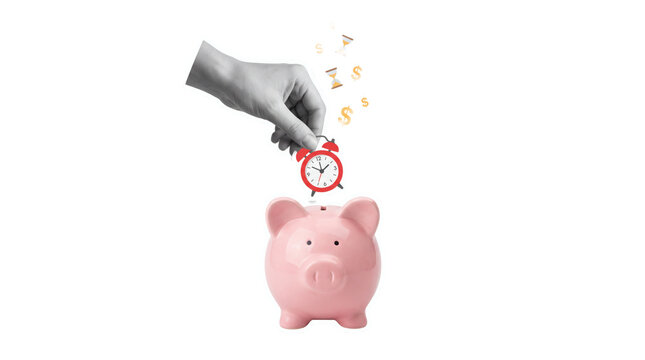 Conceptual composition of a hand lowering a red alarm clock toward a pink piggy bank amid golden currency symbols, symbolizing saving time and money, isolated on a transparent background.