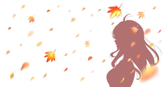 外出する女性　紅葉　横側　シルエット