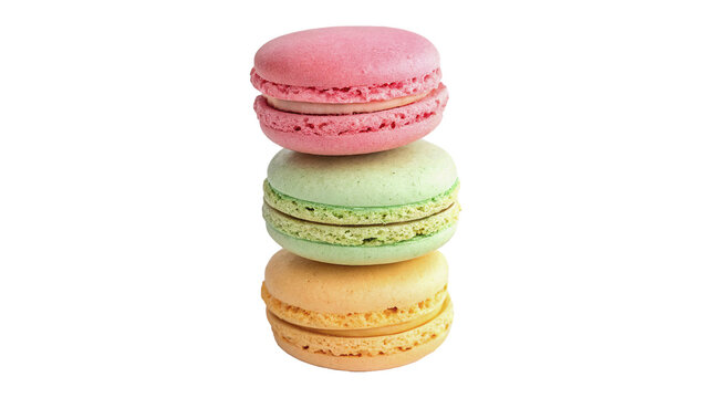 Stack of colorful French macarons cookies biscuits sweets collection isolated confectionery dessert