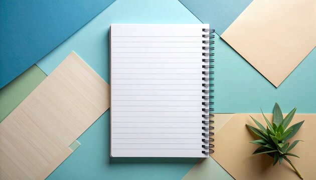 Clean modern stationery flat lay with a blank lined notebook page on blue and beige paper with green leaves