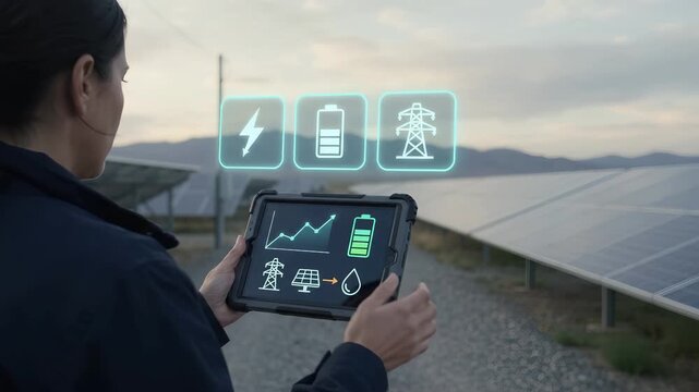 Renewable energy engineer monitors solar panel efficiency using a tablet displaying battery, grid, and power growth analytics for sustainable infrastructure management.