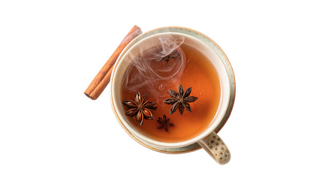 Glass cup filled with fresh hot herbal tea beverage garnished with lemon slice and anise