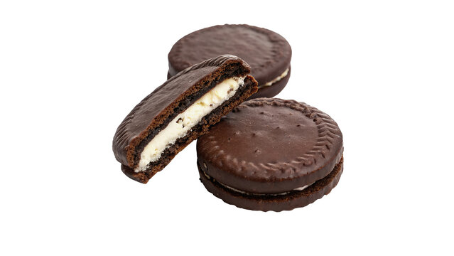 Stack of delicious chocolate cookies with sweet white cream filling isolated biscuits