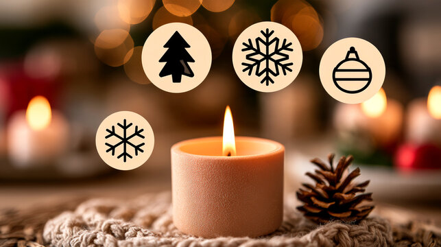 Christmas candle with winter icons creating warm festive seasonal holiday atmosphere indoors