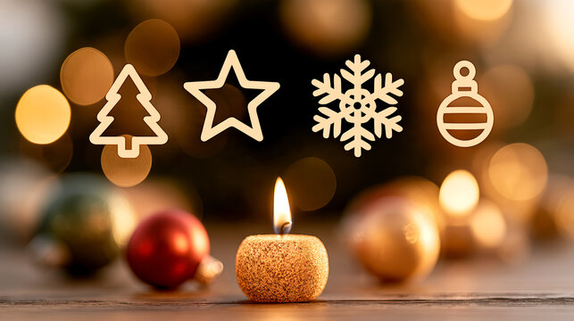 Christmas decorations and glowing candle evoke festive holiday spirit and seasonal warmth
