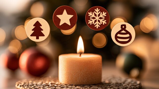 Christmas candle and festive symbols create warm holiday spirit with glowing decorations