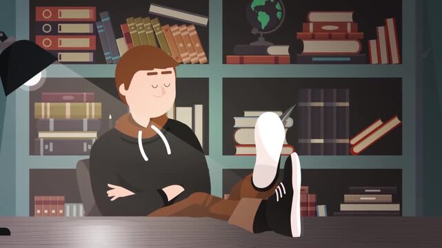Relaxed man resting feet on wooden office desk with library bookshelf background in this smooth animated 2d motion video clip