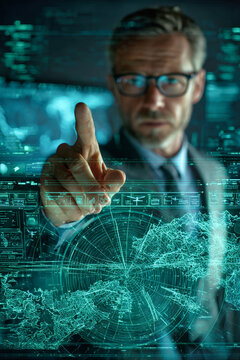 A businessman in formal attire uses his finger to interact with a digital display filled with maps and data in a modern office during the evening