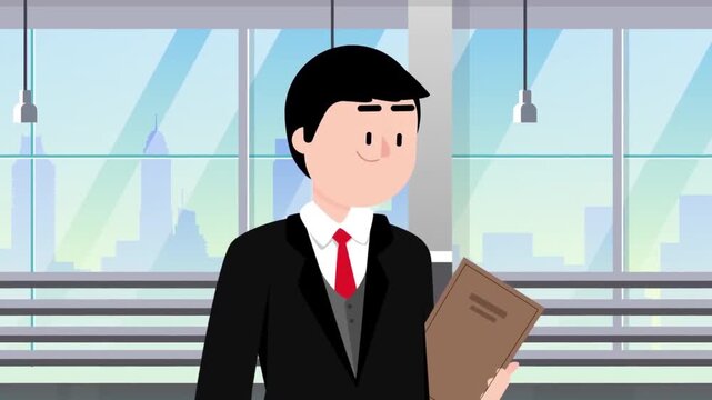 Smiling businessman in formal suit holding document folder standing in modern corporate office building digital motion animation loop video footage
