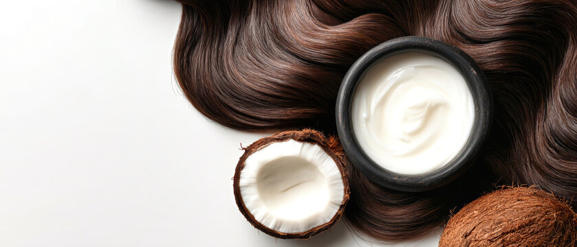 Coconut oil sits in a black bowl next to a half coconut. Long, wavy dark brown hair spreads across a glossy white surface. There is space for text