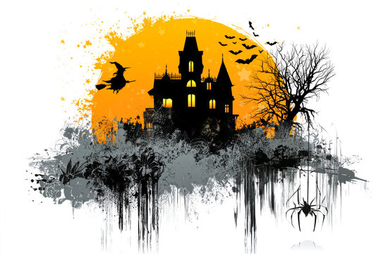 A haunted house stands against a big orange moon. Bats fly around the house. A tree with no leaves is nearby. It is Halloween night