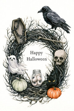 A Halloween wreath features a raven, skull, pumpkins, a ghost, and a jar of eyeballs. This decoration is perfect for home displays in October
