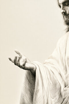 A pencil drawing shows Jesus with a hand extended. His robes flow down and he has long hair. The background is plain and allows focus on the figure